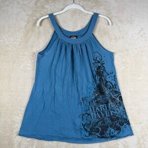 Harley Davidson Women's Blue Tank Top‎ Graphic Print Sleeveless XLarge